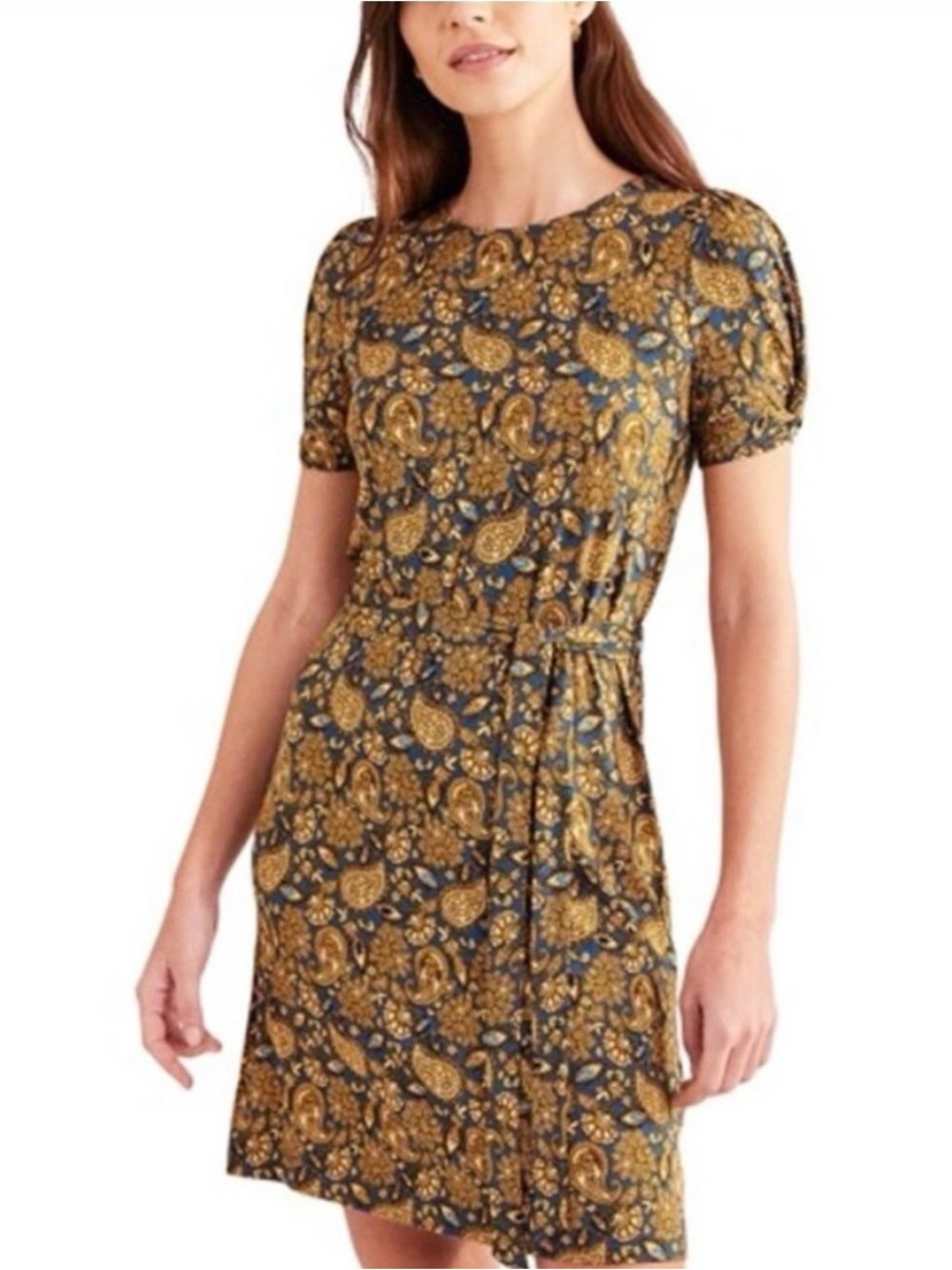 Boden Women’s Gold Blue Paisley Short Sleeve Belted Jersey Knit Dress Sz 4~NWT